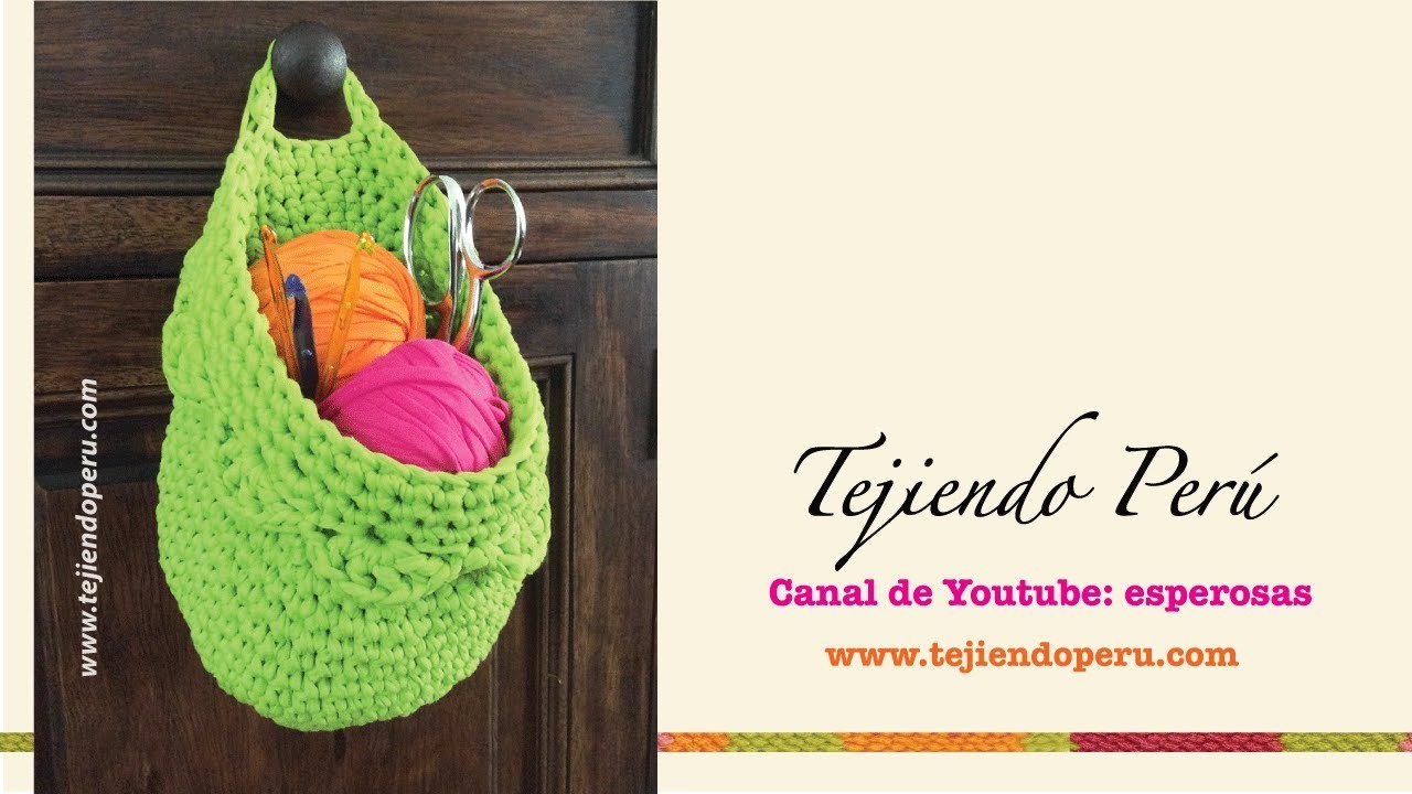 Canasta colgante organizadora tejida en crochet XL en trapillo (Crochet hanging basket tutorial)