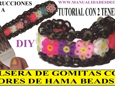 COMO HACER UNA PULSERA DE GOMITAS CON FLORES DE HAMA BEADS CON DOS TENEDORES. figuras de hama beads.