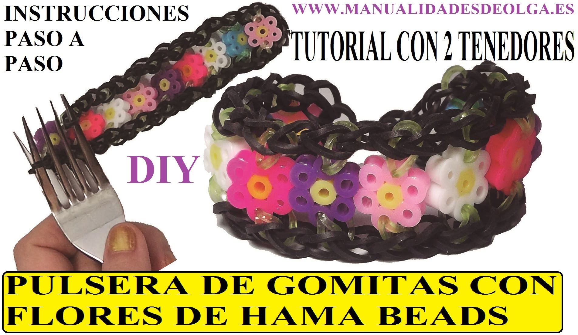 COMO HACER UNA PULSERA DE GOMITAS CON FLORES DE HAMA BEADS CON DOS TENEDORES. figuras de hama beads.