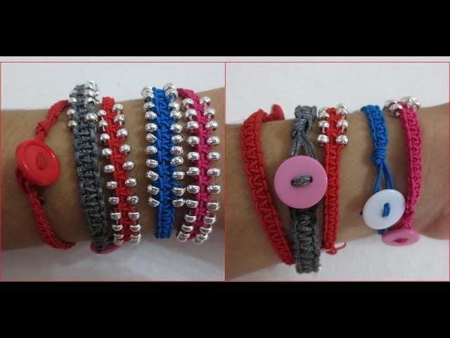 Pulsera de nudo cuadrado con cuentas (square knot bracelet with beads). Macramé.
