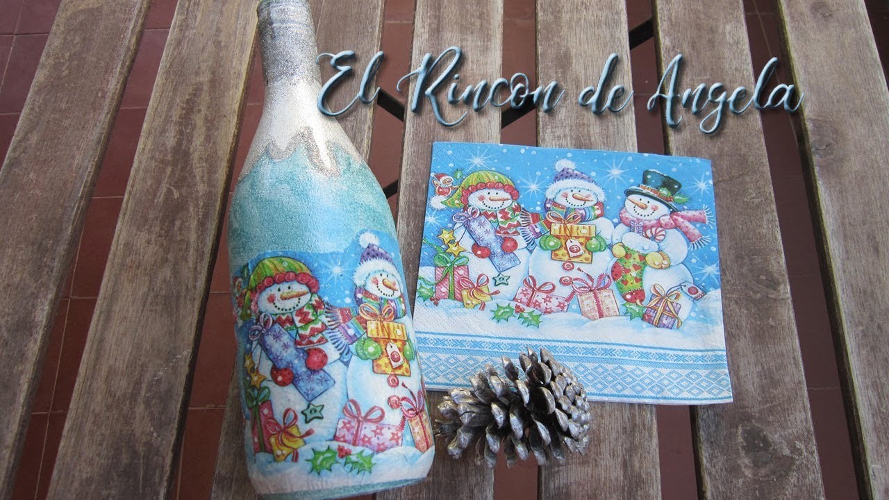 Decoracion navideña con decoupage en una botella de vino reciclada-Diy manualidades