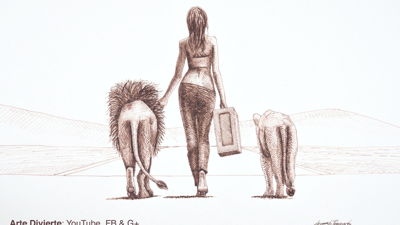 Cómo dibujar una mujer caminando con leones - Trucos y consejos para dibujar con pluma fuente