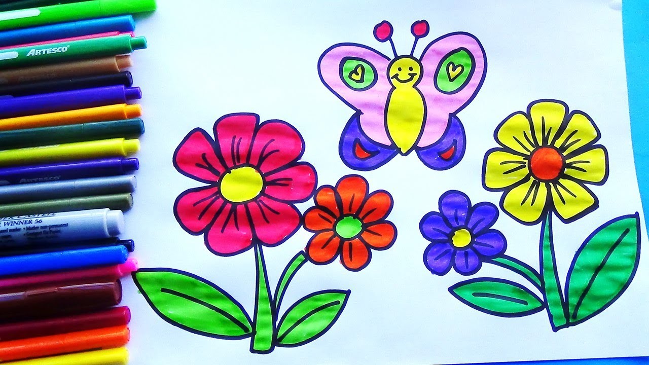 Como dibujar y colorear FLORES Y UNA MARIPOSA dibujos fáciles para niños