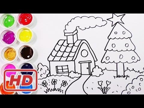 Como Dibujar y Colorear Una Casa con Arbol de Pino - Dibujos Para Niños. FunKeep