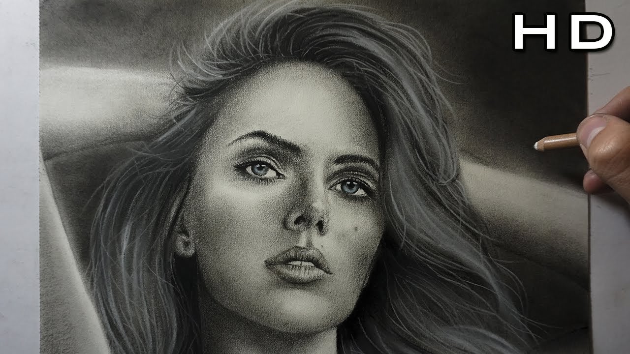 Dibujo Realista de Scarlett Johansson a Lápiz Carboncillo - Drawing Scarlett Johansson