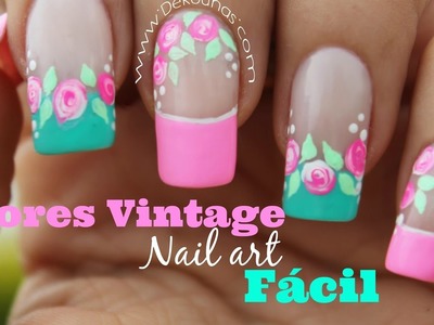 Decoracion de uñas FACIL rosas vintages - Easy vintage nail art