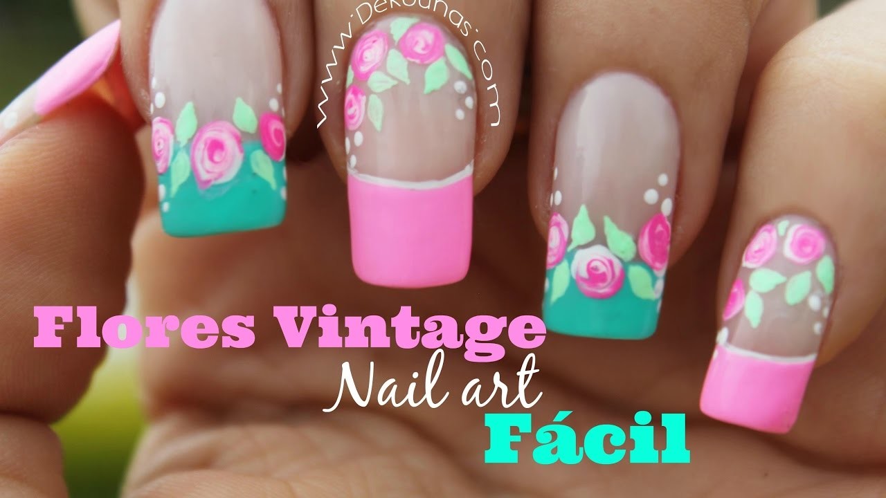 Decoracion de uñas FACIL rosas vintages - Easy vintage nail art