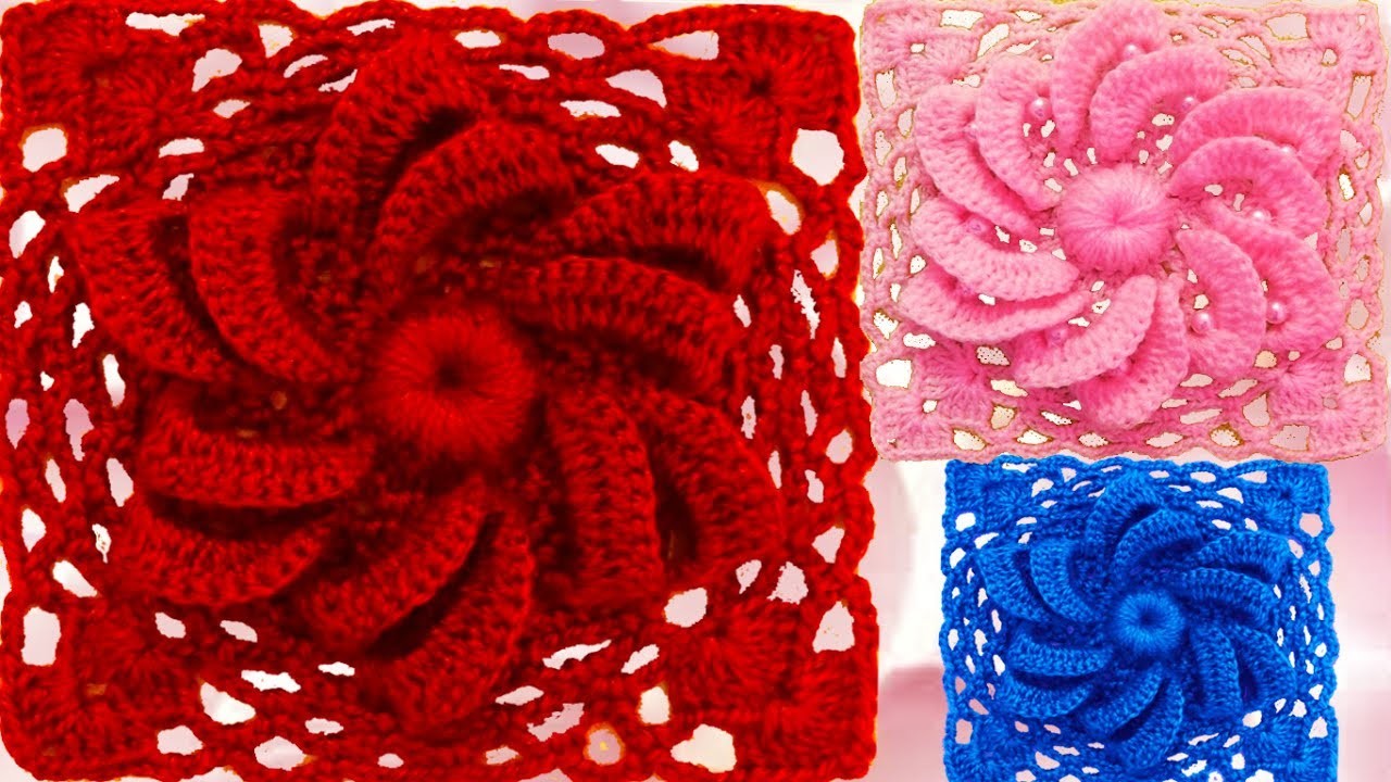 Como tejer a Crochet flor remolino de dos capas con relieve en cuadrado