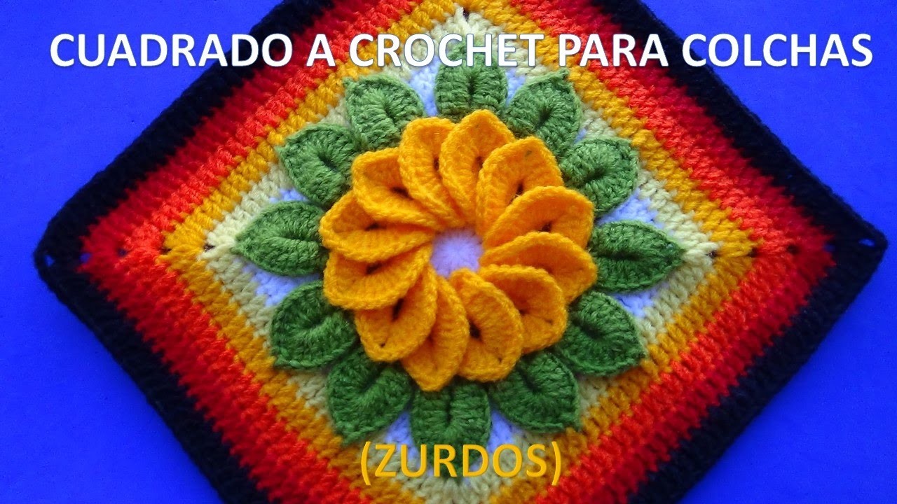 PARA ZURDOS Cuadrado o muestra a crochet con flor de 12 pétalos y hojas paso a paso para colchas