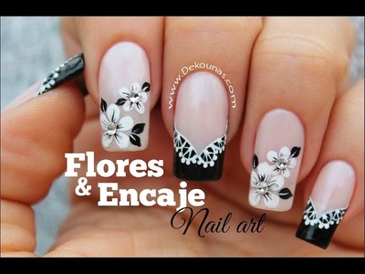 Decoracion de uñas FACIL flores y encaje - Lace and flowers easy nail art