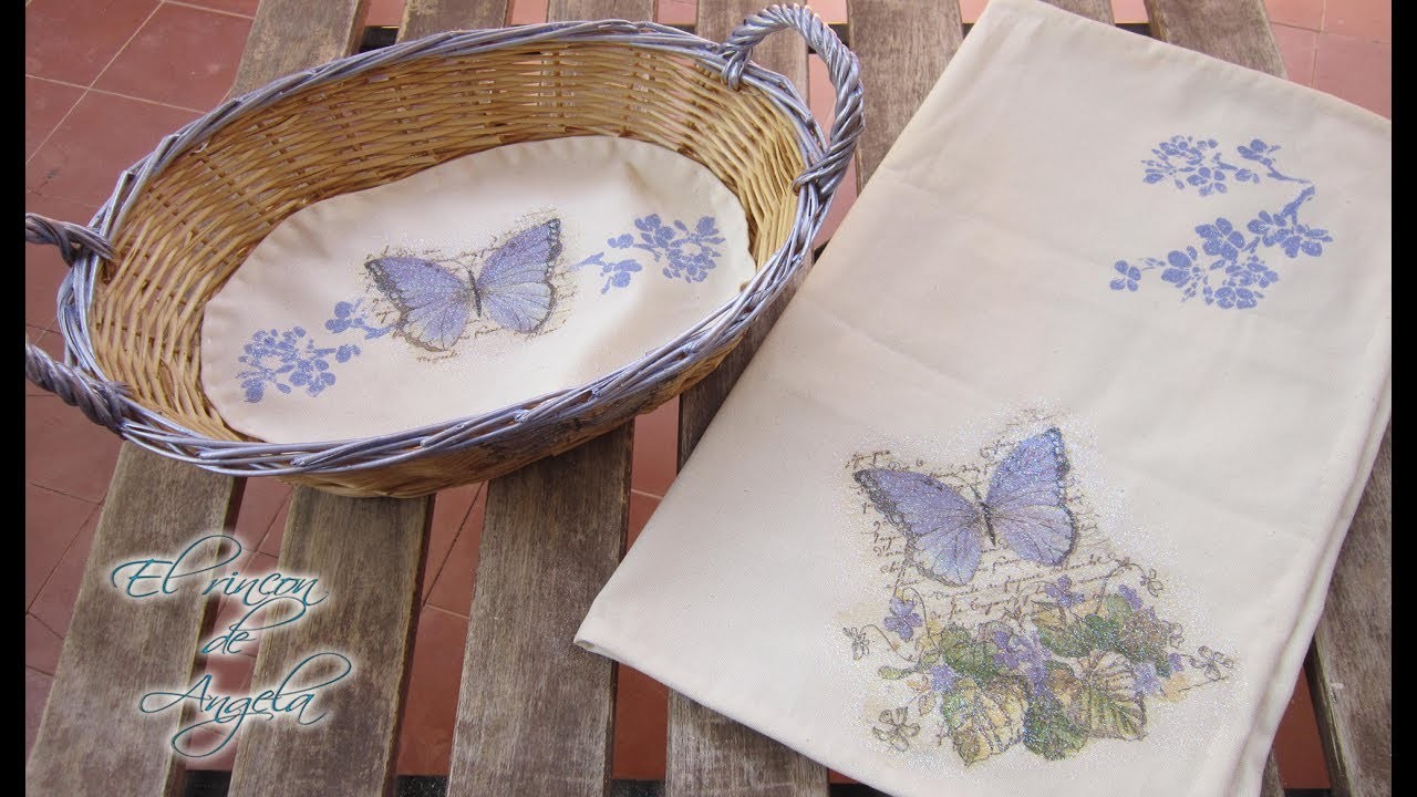 Decoupage y pintura sobre tela , mantel individual y tapete con cesto - Le petit papillon