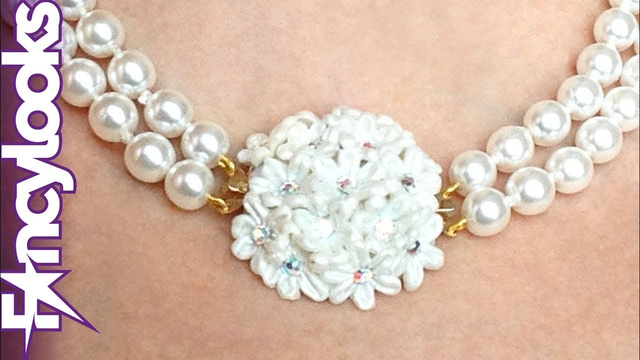 DIY Collar novia de perlas anudadas con Broche de porcelana y Swarovski