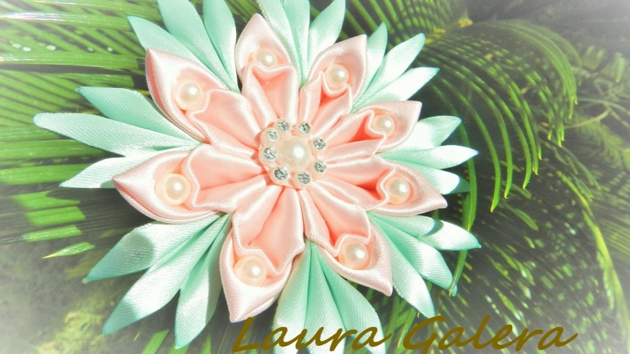 Flor kanzashi , pétalo nuevo!!! Tutorial Flower Kanzashi  Цветок ручной работы  Flor de fita