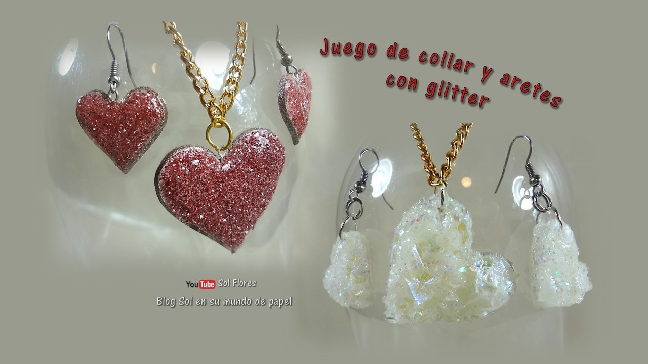 Juego de aretes y collar con glitter -  Set of earrings and necklace with glitter