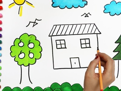 El Sol y La Nube Con Casa, Árbol | Cómo dibujar y colorear los para niños
