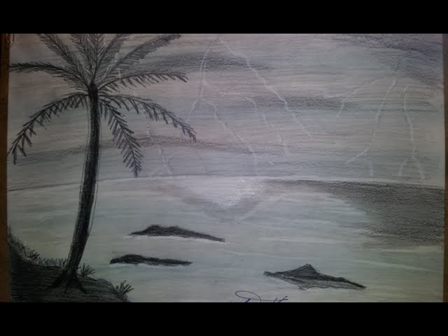 How to draw Pencil landscape with sea and palm thunder, Como dibujar Paisaje a lápiz truenos y palma