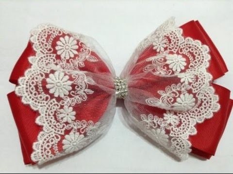 Moño rojo grande doble con tira bordada VIDEO No.444 creacionesrosaisela