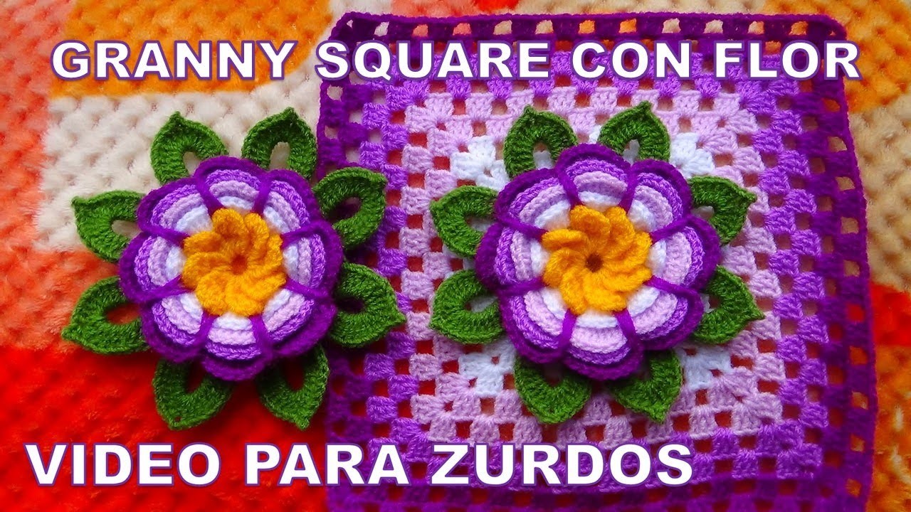 Para ZURDOS Cuadrado o grany square con flor rosita lila tejida a crochet y hojitas paso a paso