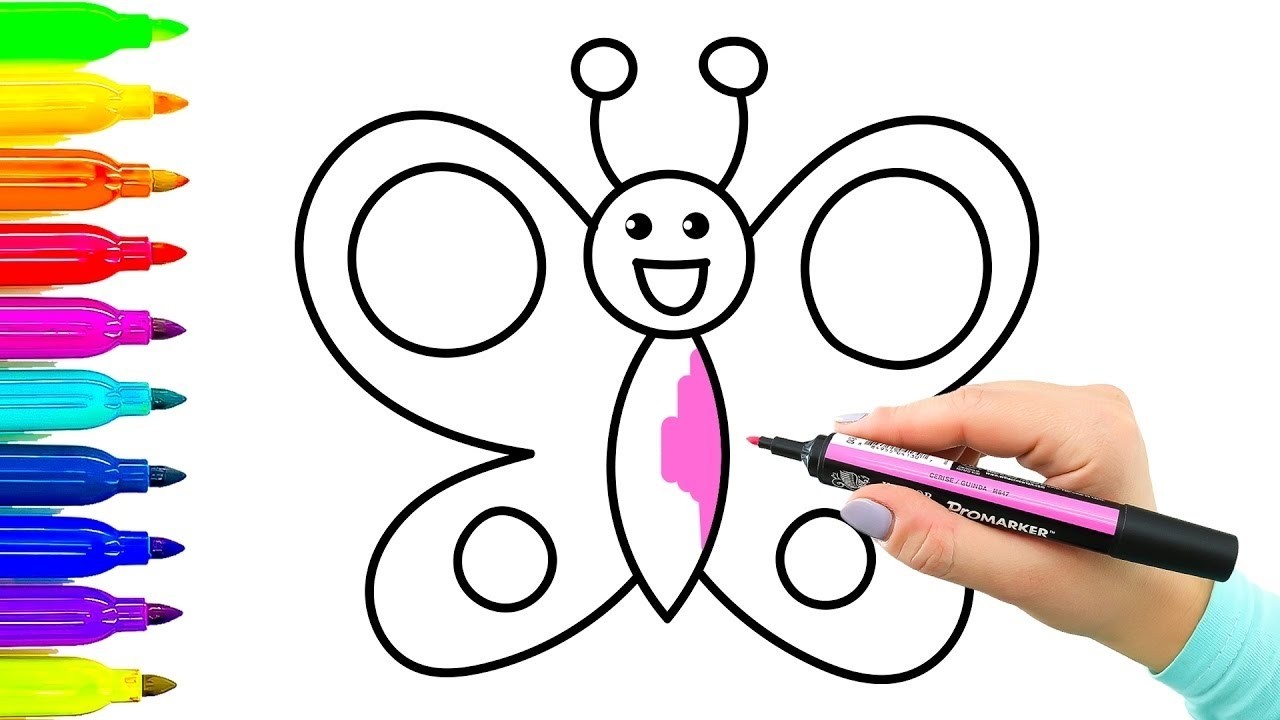 Ejemplo simple Cómo dibujar mariposa  Libro para colorear con marcadores de colores