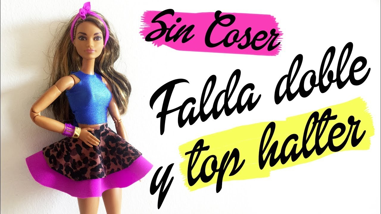 Mini falda doble y top halter para Barbie ¡Sin coser! Ropa para muñecas
