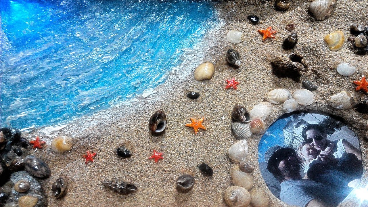 Maqueta cuadro o diorama playero con conchas y leds (Manualidad recuerdo vacaciones)