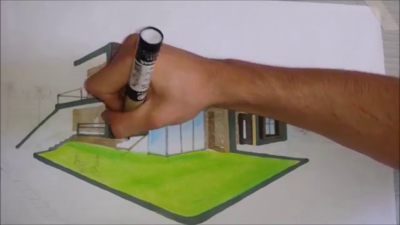 Perspectiva de una casa con dos puntos de fuga-Como dibujar con chartpak-Arte Orta
