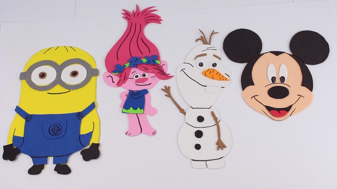 Haciendo a Mickey Mouse, Troll Poppy, Minion y Olaf con goma eva