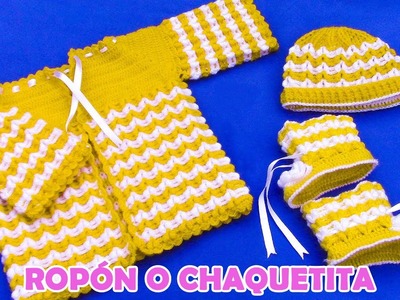 Ropón o chaquetita para bebé de 4 a 5 meses tejido a crochet en punto garbanzo en relieve
