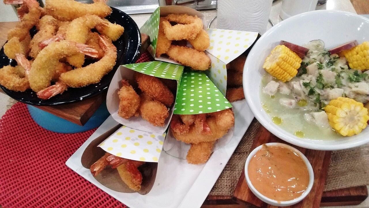 Langostinos fritos con dip de mayonesa casera y ceviche con salsa de tigre
