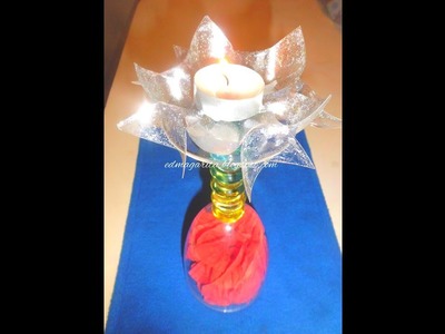 Tutorial: Centro de mesa con copa, flores de papel y portavela fantasia con botella de plastico