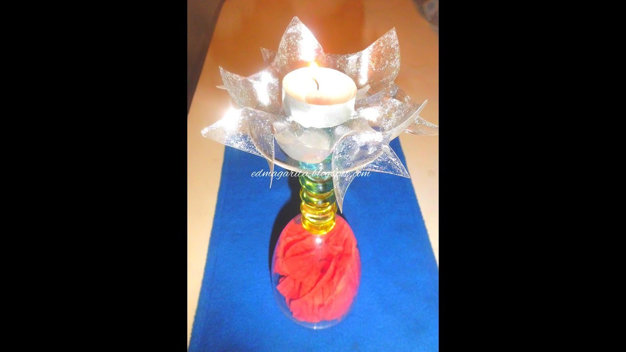 Tutorial: Centro de mesa con copa, flores de papel y portavela fantasia con botella de plastico