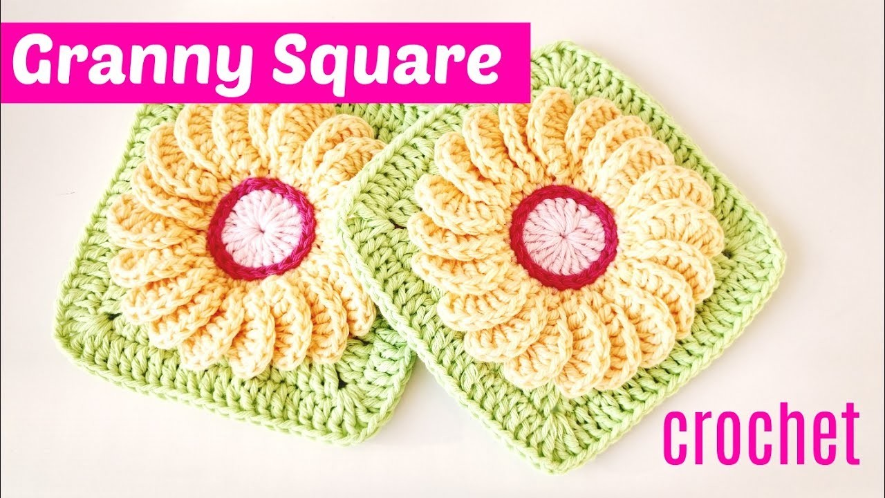 Granny square crochet con flor en relieve