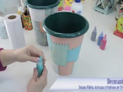 Decorá macetas, porta objetos y latas utilizando servilletas de papel y simulando costuras