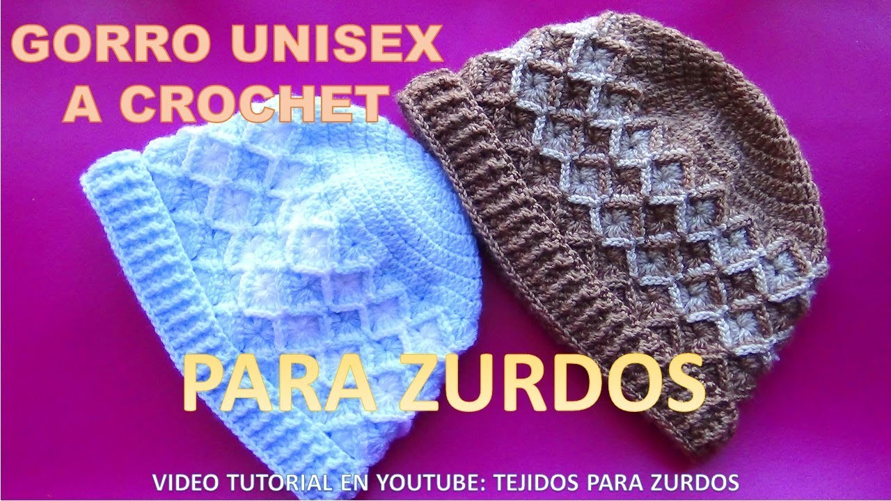 Para ZURDOS: Gorro UNISEX a crochet Rombos en Relieves para niños, y adultos paso a paso