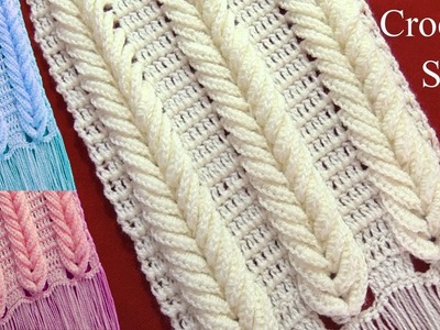 Bufanda chalina en punto espigas de trigo en relieve tejido a crochet tallermanualperu