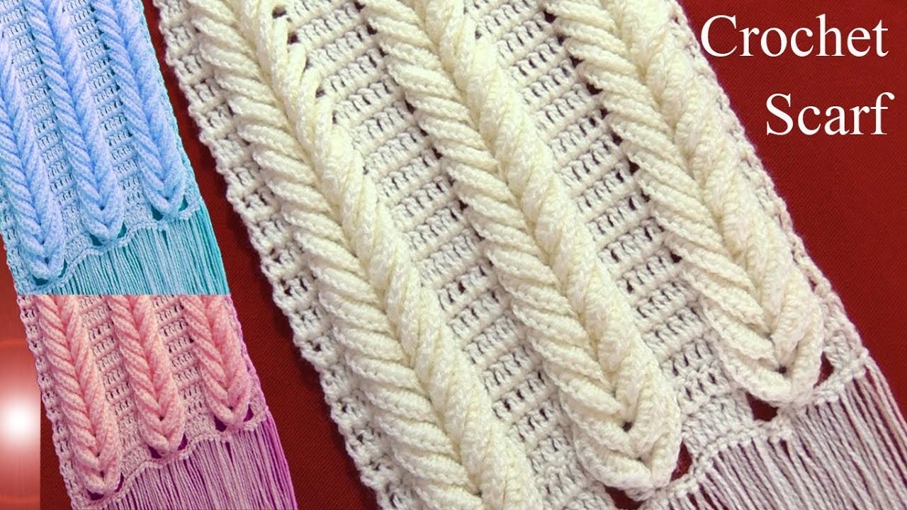 Bufanda chalina en punto espigas de trigo en relieve tejido a crochet tallermanualperu