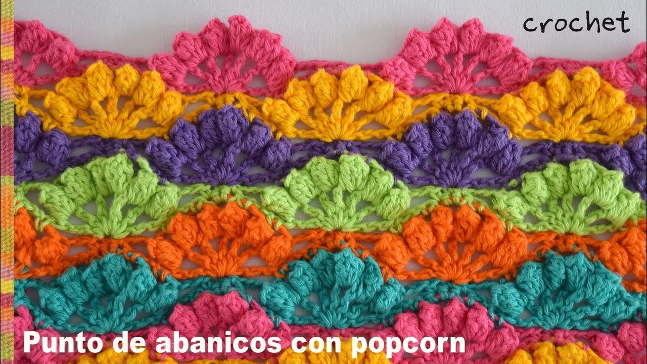 Bello punto de abanicos calados con borde popcorn tejido a crochet - Tejiendo Perú