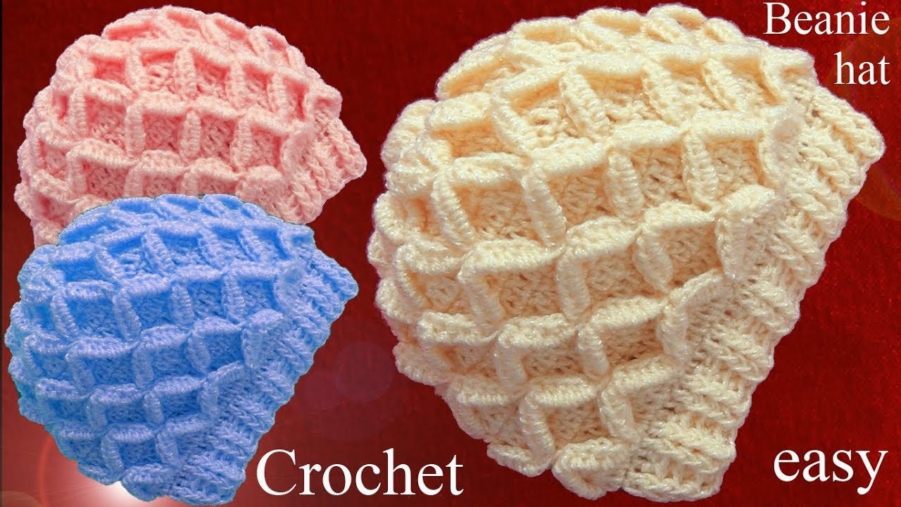 Gorro tejido en punto de rombos en relieve 3D a Crochet tallermanualperu