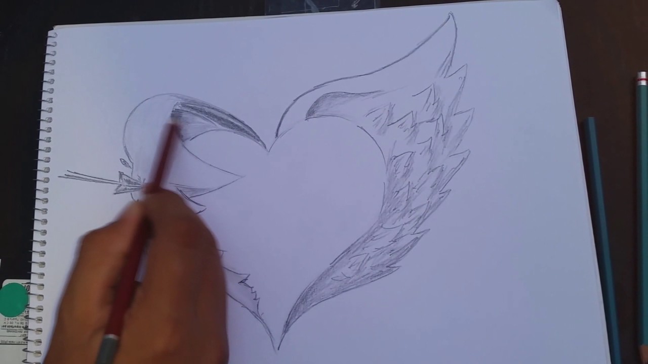Como dibujar un corazon con alas. sombreado - PEDROGO