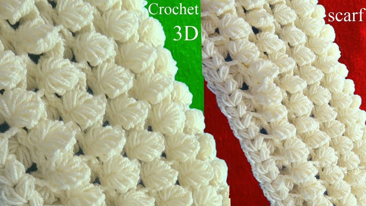 Bufanda a Crochet en punto 3D de hojas reversibles tejido tallermanualperu