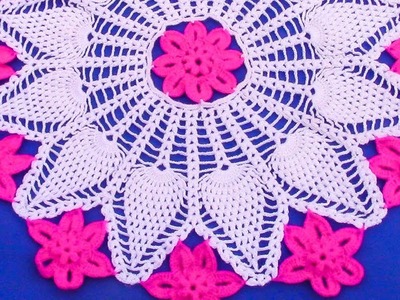 Tapete o carpeta a crochet con flores en punto piñas combinado con puntos garbanzos paso a paso
