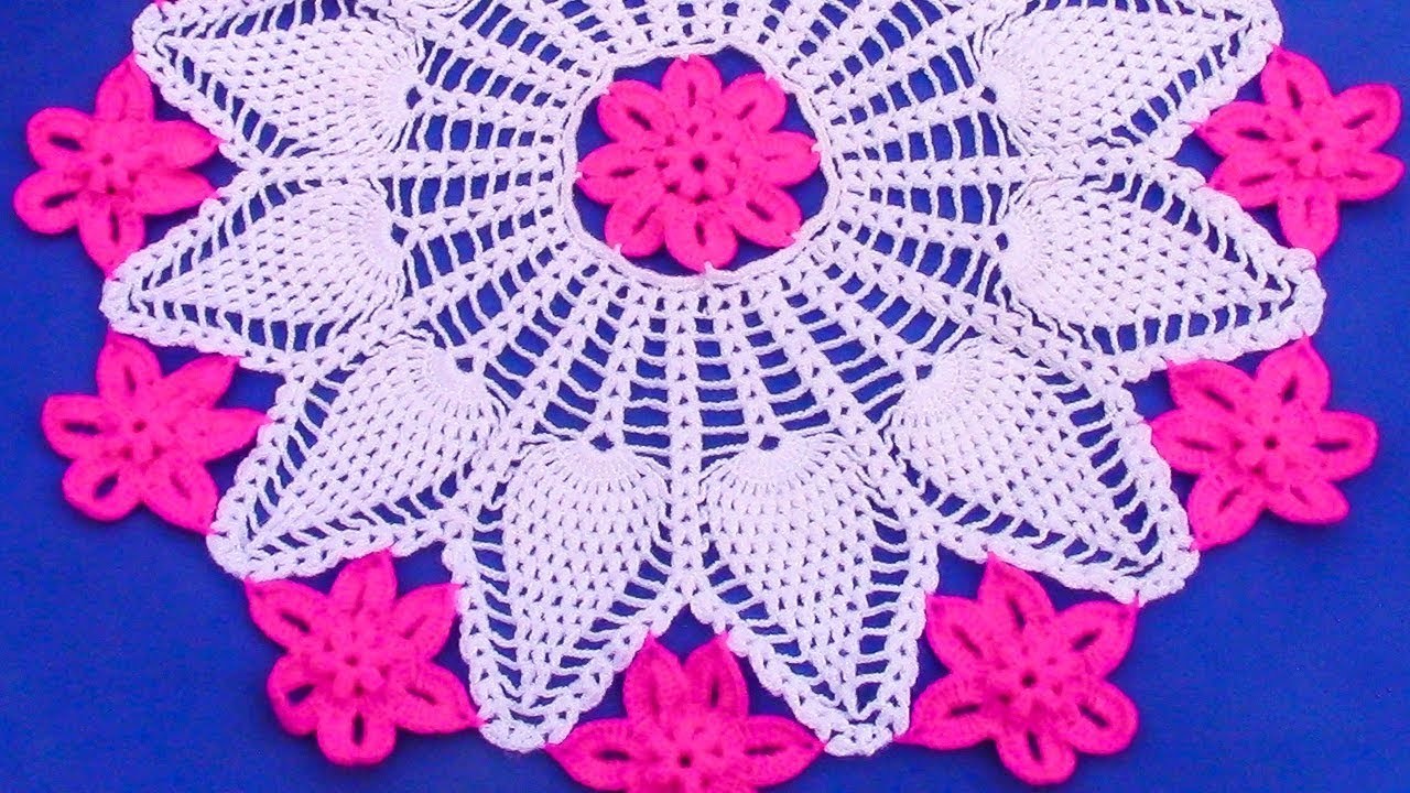 Tapete o carpeta a crochet con flores en punto piñas combinado con puntos garbanzos paso a paso