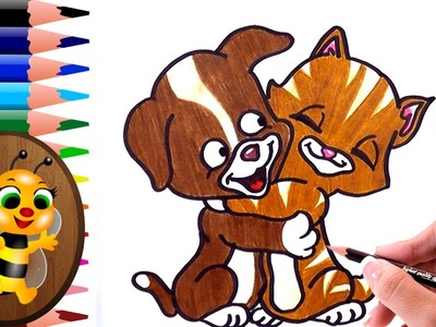 Dibujando y coloreando un gatito y perrito abrazados - Dibujos para Niños - How to draw and paint
