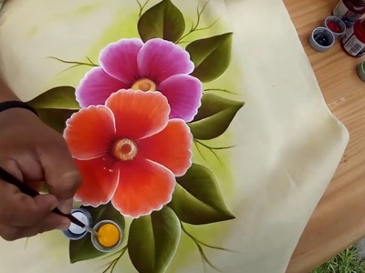 Tutorial de pintura textil, aplicación de fondo como pintar hoja y flor.