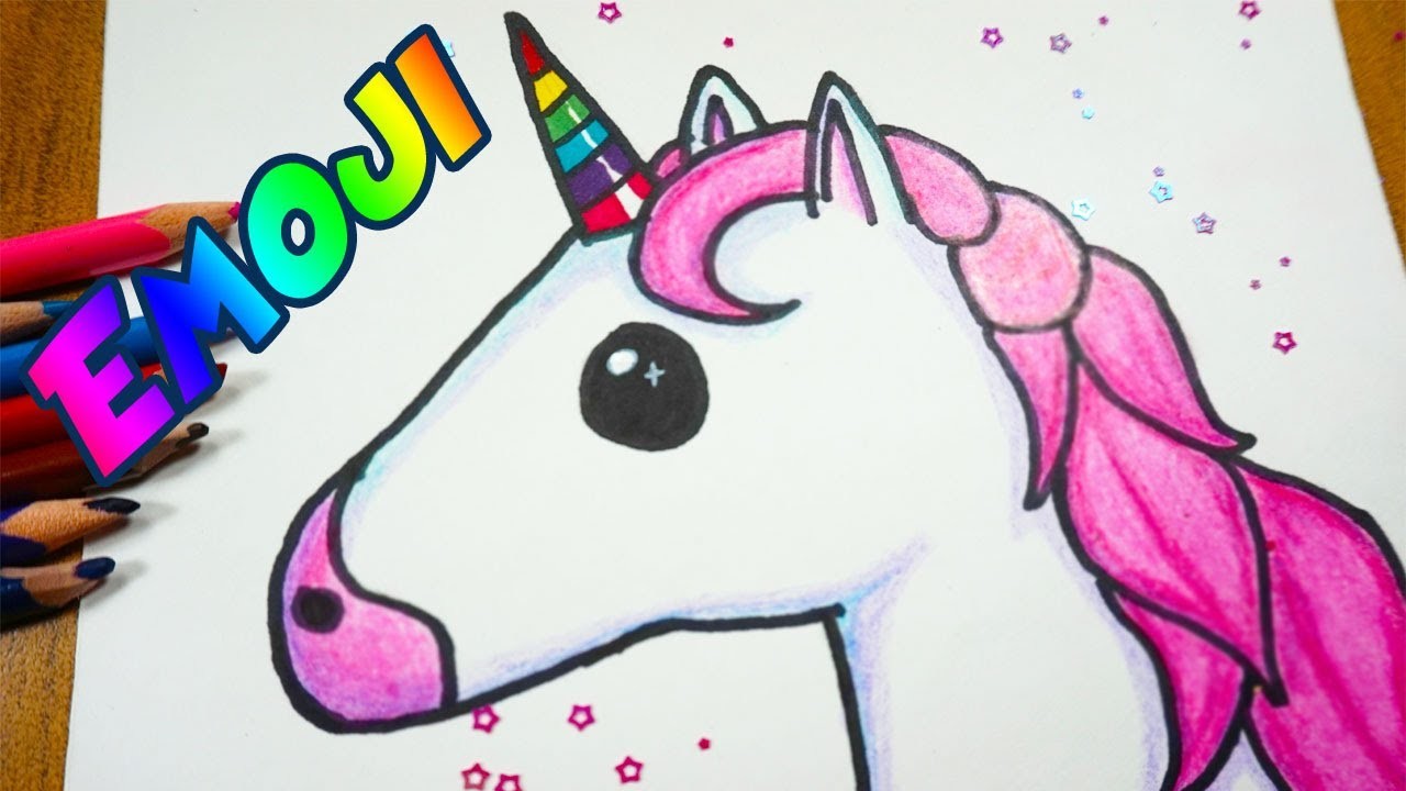 Dibuja al Emoji de Unicornio paso a paso (fácil) con lápices de colores.