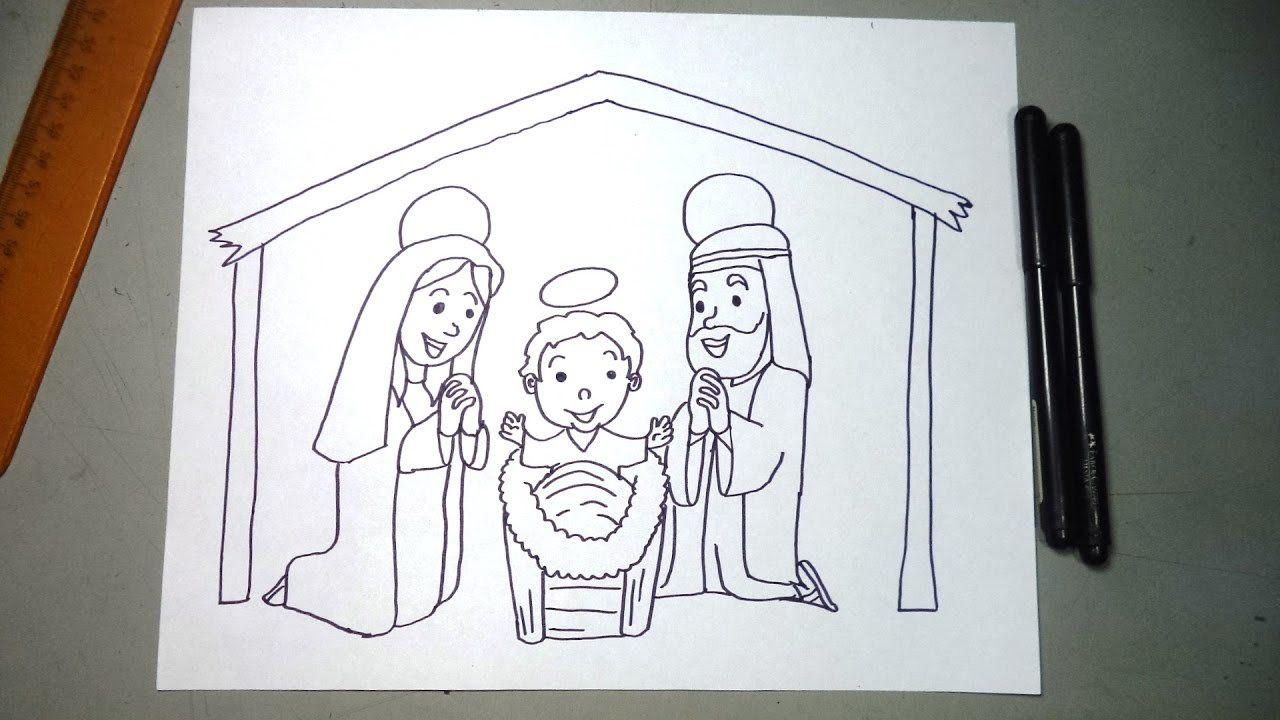 Cómo dibujar un pesebre pasa a paso: Niño dios, María y Jose