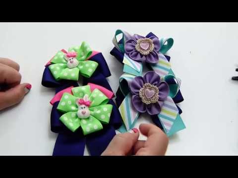 Como hacer par de lazos dobles con liston, Flowers and bows on hair ribbon