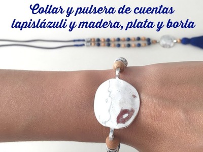 Pulsera de cuentas  lapislázuli y madera con entrepieza de plata