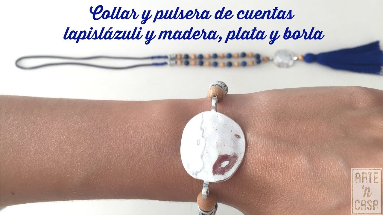 Pulsera de cuentas  lapislázuli y madera con entrepieza de plata