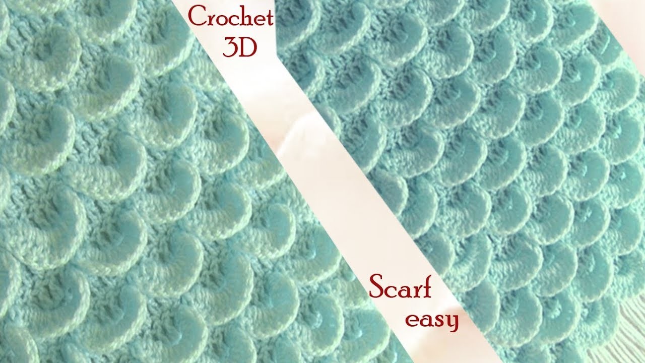Bufanda a Crochet en punto 3D plumas pavo real o media luna tejido tallermanualperu